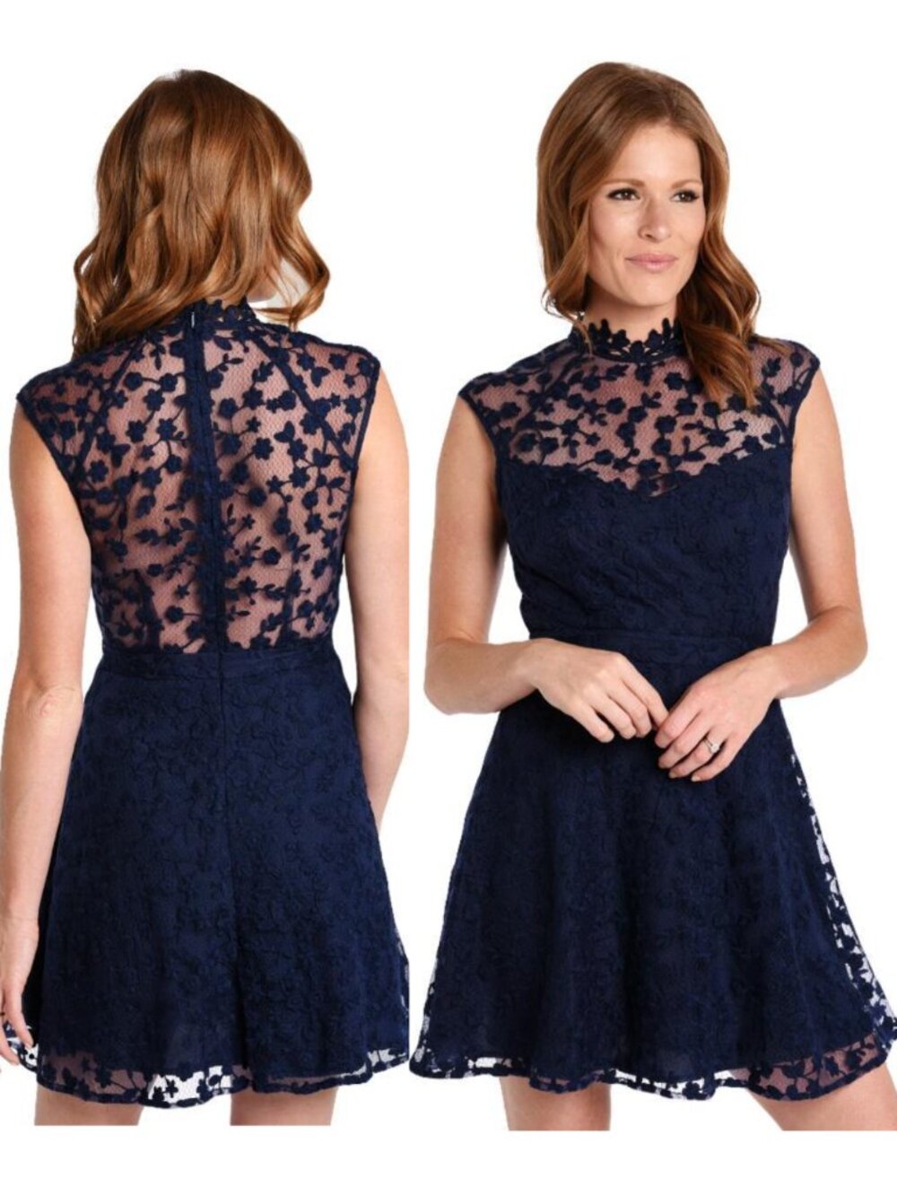 BB DAKOTA Becky Dress Navy Blue Floral Embroidery Semi Sheer Back Mini Fit Flare
